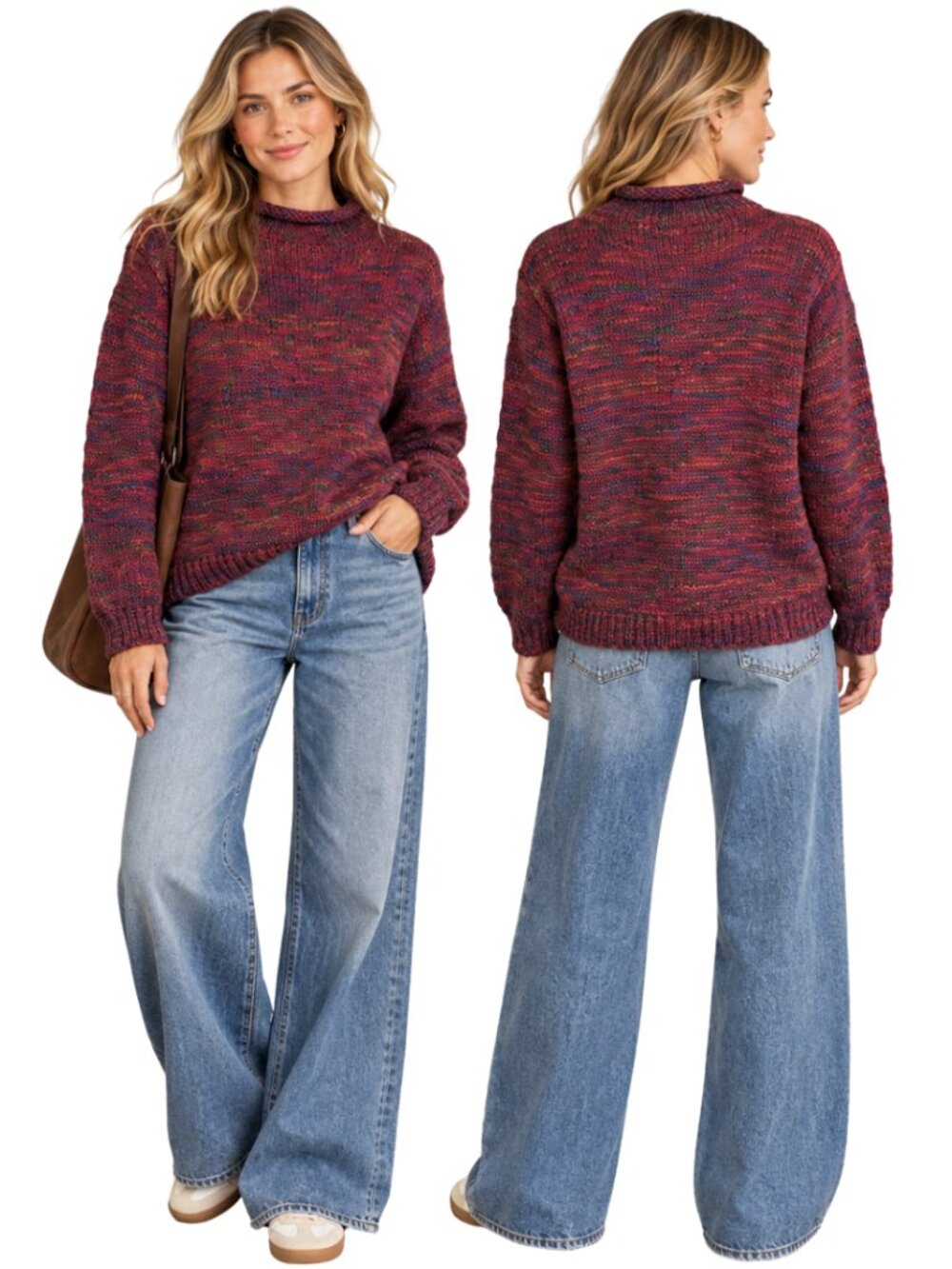 Vintage Wool Roll Neck Knit Sweater Pullover Women's Large Petite Red Retro Chic